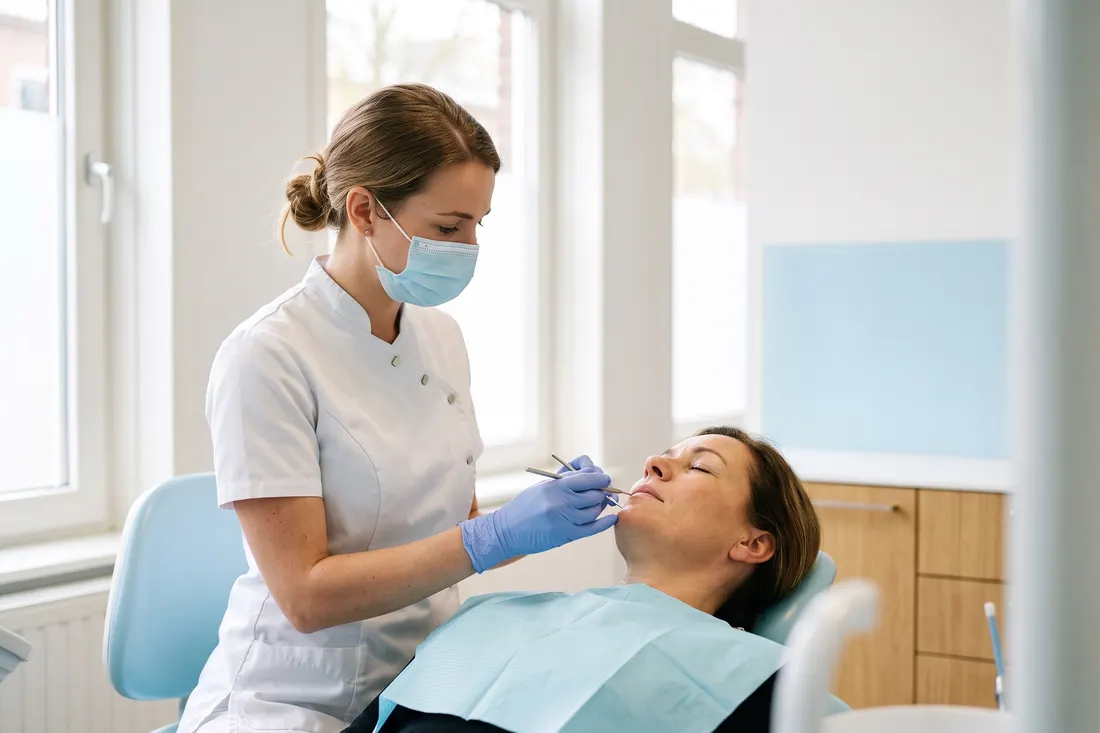 Een mondhygiënist behandelt een patiënte in de behandelstoel