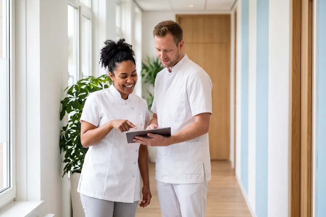 Twee collega's in witte tunieken bekijken lachend een tablet in een lichte gang