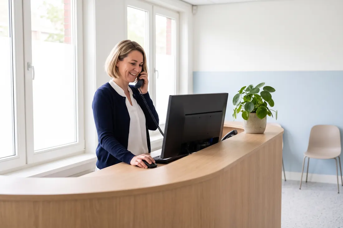 Een receptioniste neemt aan de balie de telefoon aan