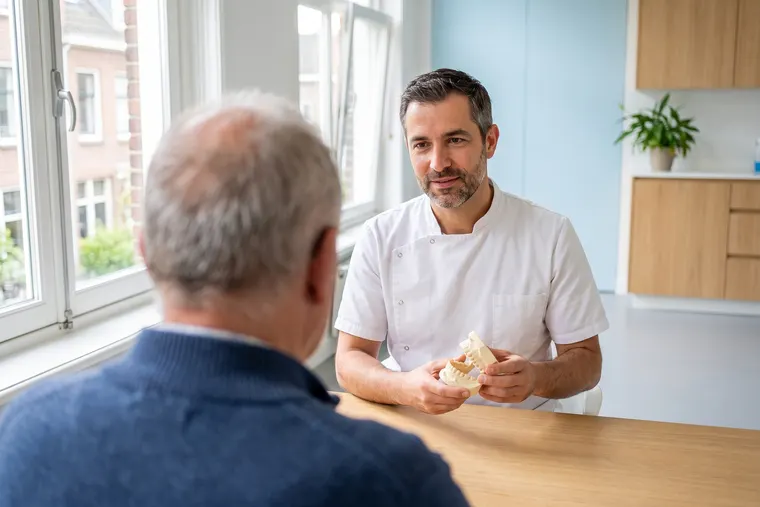 Een tandarts laat een patiënt een kaakmodel zien