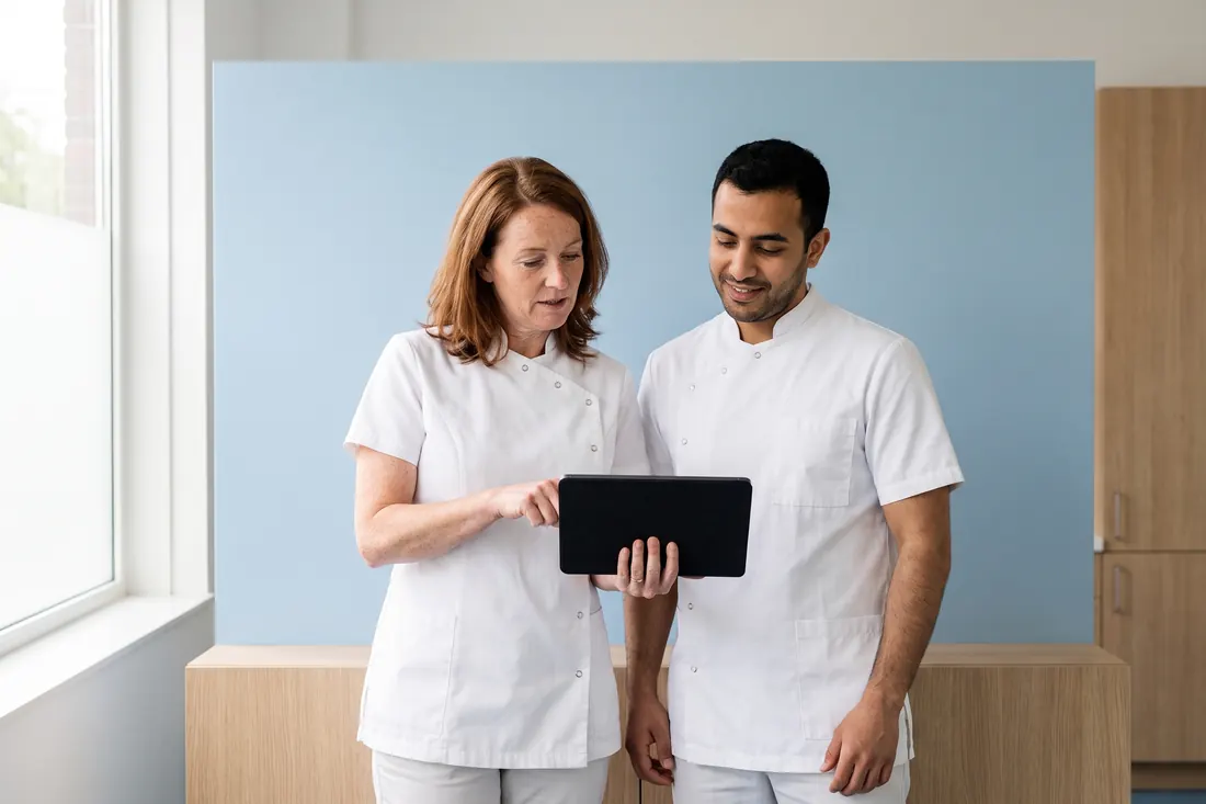 Een tandarts en een assistente bekijken samen iets op een tablet