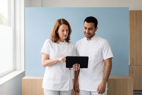 Twee medewerkers bekijken samen een tablet