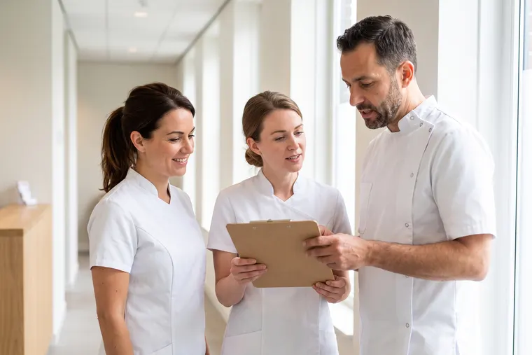 Tandarts, mondhygiënist en assistente bespreken samen iets op een klembord bij het gangraam
